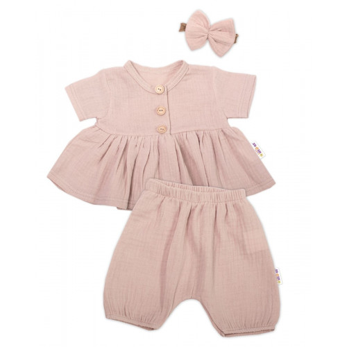 Baby Nellys 3-dielna mušelínová súpr., tunika/blúzka, kraťasky, čelenka, béžová, veľ. 62