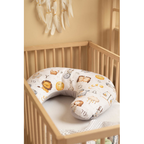 Dojčiaci vankúš, podkova, mušelín, bavlna - Hviezdne zvieratká, šedý, biela