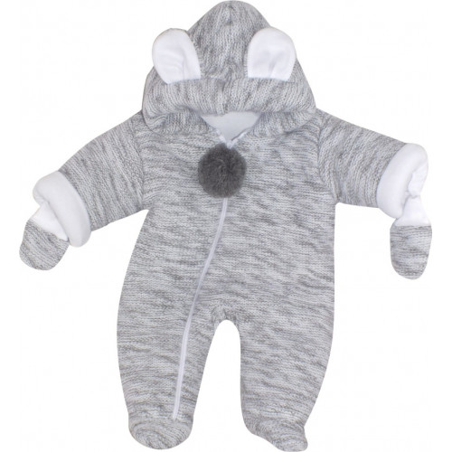 Oteplená pletená kombinéza s kapucňou a uškami + rukavičky - sivá, veľ. 68