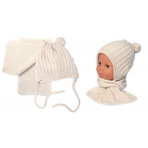 Zimná čiapka na zaväzovanie s brmbolcami + šál, Baby Nellys - béžová, vel. 74/80