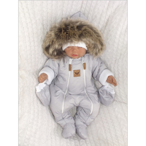 Z&Z Zimná kombinéza s dvojitým zipsom, kapucňou a kožušinou + rukavičky, Angel - sivý, 80