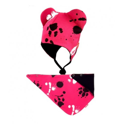 BEXA dvojvrstvová čiapka na zaväzovanie s uškami + šatka - Labky, bordo, veľ. 80/92