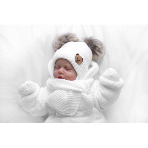 Detská sada, zimná čiapka so šálom + rukavičky 3D, Teddy Bear - biela