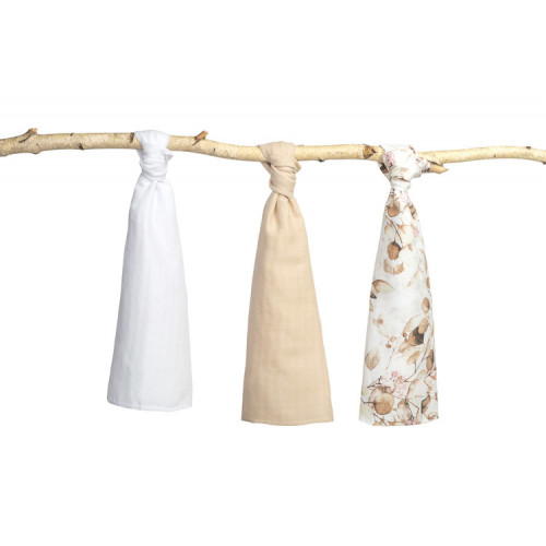 Mušelínové mäkké plienky LUX, 3ks, Kvety, biela/béžová/so vzorom