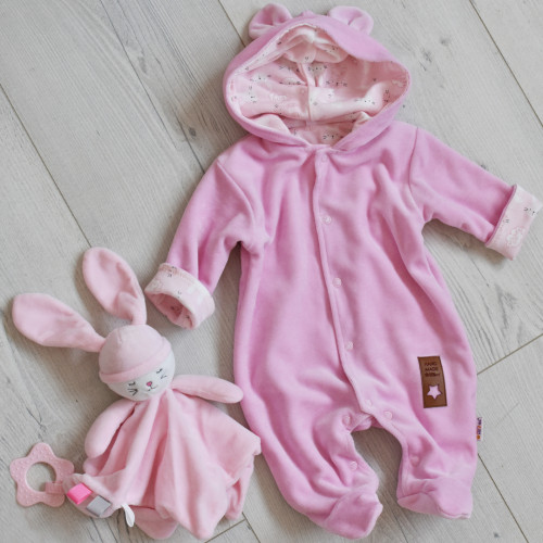 Baby Nellys Dvojvrstvový velúrový overal s kapucňou New Bunny, ružový, veľ. 80