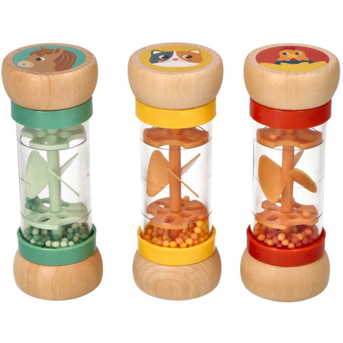 Drevená hrkálka / dažďová sprcha s guličkami, Sliepočka - oranžová