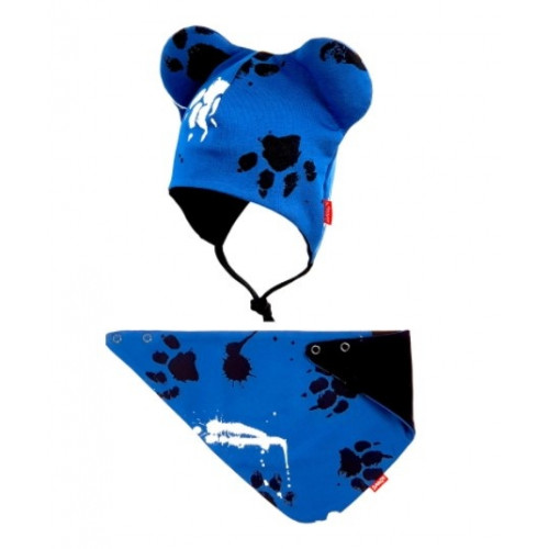 BEXA dvojvrstvová čiapka na zaväzovanie s uškami + šatka - Labky, granát, veľ. 80/92