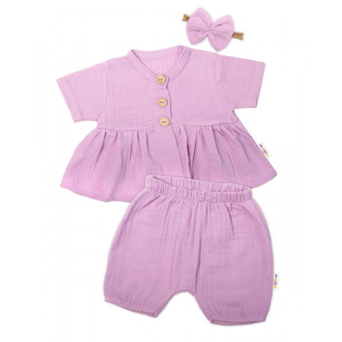 Baby Nellys 3-dielna mušelínová súpr., tunika/blúzka, kraťasky, čelenka, lila, veľ. 86