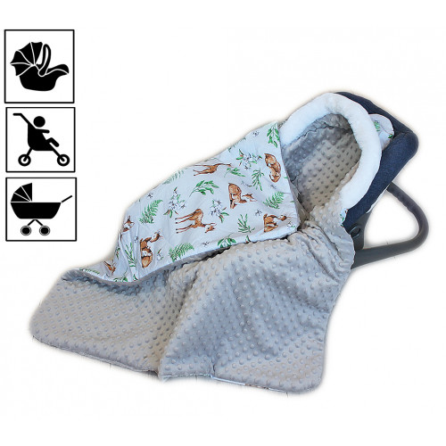 Baby Nellys Bavlnená obojstranná dečka 3v1 s minky a kožušinkou, 90x90 cm, srnky