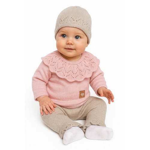 Pletená súpravička s volánikom Heart, 3D, kabátik, nohavice a čiapočka, ružová/béžová, 62