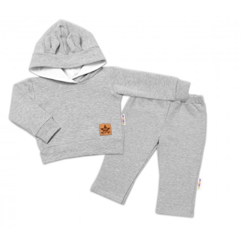BABY NELLYS Detská tepláková súprava s kapucňou a uškami, sivá, veľ. 98