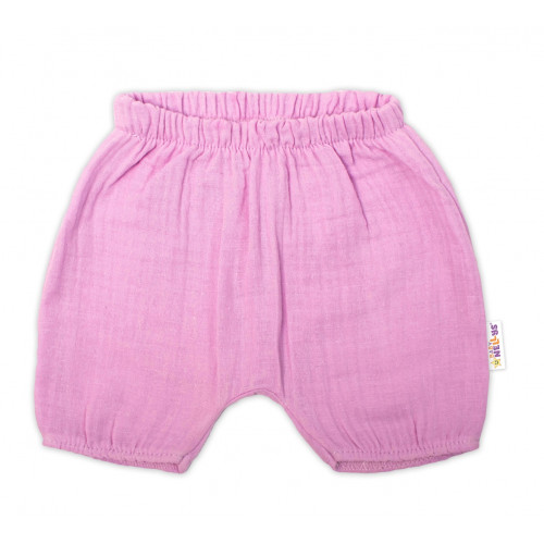 Baby Nellys 3-dielna mušelínová súpr., tunika/blúzka, kraťasky, čelenka, ružová, veľ. 80