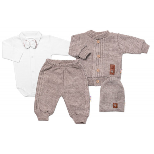 5-dielna pletená sada Baby Nellys, Boy, body, nohavice, sveter, čiapka, motýlik, béžová,80