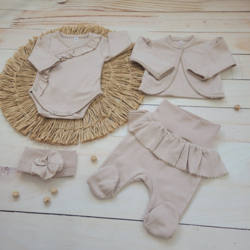 4-dielna bavlnená sada pre bábätko do pôrodnice, béžová, veľ. 62