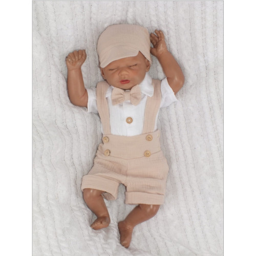 Mušelínové kraťasy s láclom, bodýčko, čiapočka, motýlik 4D sada, Z&Z,piesková/biela,veľ.62