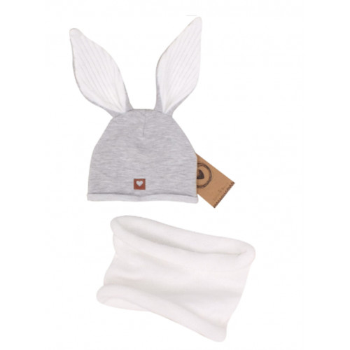 Z & Z Dojčenská bavlnená čiapočka Zajačik s nákrčníkom, šedá/biela
