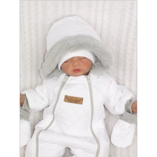 Z&Z Zimná prešívaná kombinéza s kožušinou a kapucňou + rukavičky - biela, vel. 74