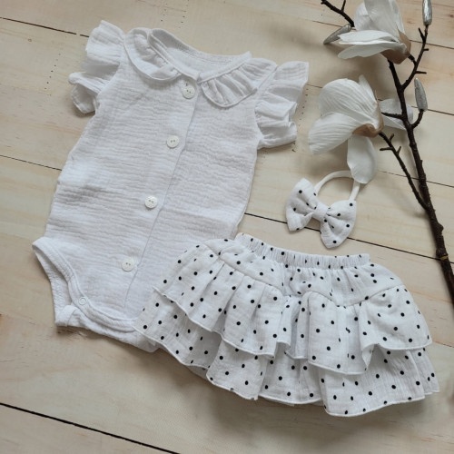 Mušelínová sukničkokraťasky, bodýčko a čelenka, 3D sada, biela/dots, veľ.80/86