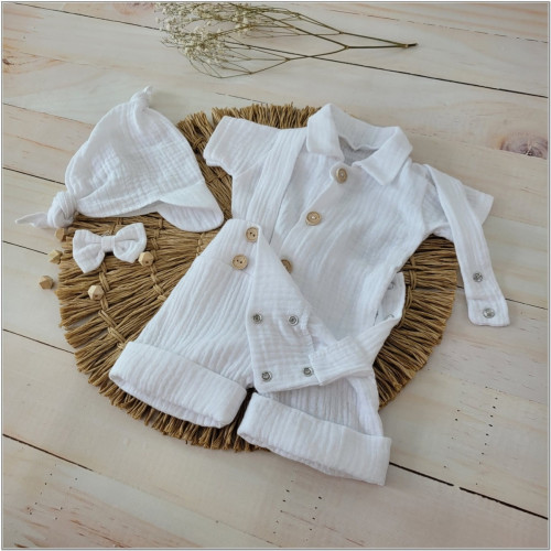 Mušelínové kraťasy s láclom, bodýčko, čiapočka, motýlik 4D sada, Z&Z, biela/biela