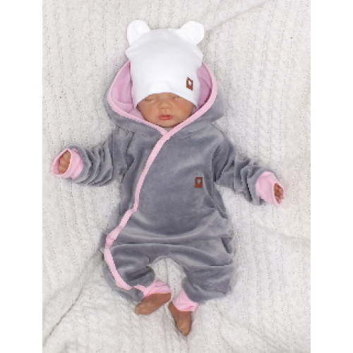 Z&Z Velúrový dojčenský overal s kapucňou a uškami - šedo,růžový, veľ. 74