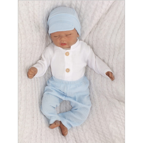 Mušelínová košeľa, nohavice + čiapky, 3D sada, Boy Z&Z, biela/modrá, veľ. 74