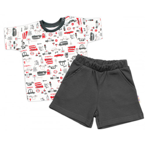 Tričko, krátky rukáv + kraťasky, 2D, Baby Nellys, Autá, bavlna, smotana/sivá, veľ. 92
