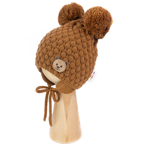 Zimná pletená čiapka Teddy na zaväzovanie, hnedá, 68/80, (6-12m)