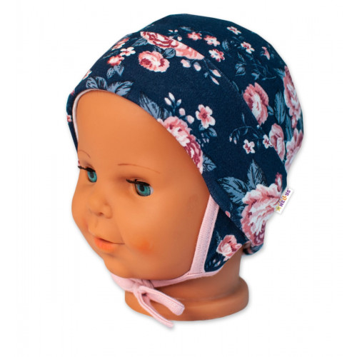 Baby Nellys Bavlnená čiapočka s uškami na zaväzovanie- Ružičky, púdrová/granátveľ. 62/68