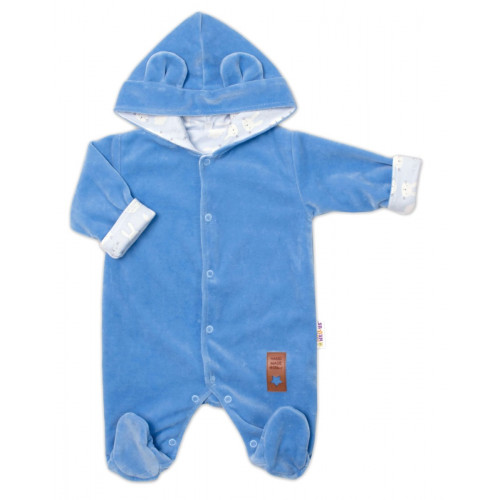 Baby Nellys Dvojvrstvový velúrový overal s kapucňou New Bunny, modrý, veľ. 68