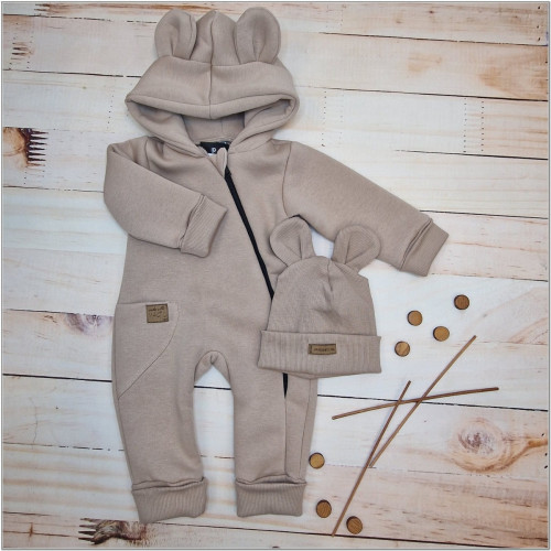 Oteplený detský overal bez šľapiek s kapucní + čiapočka, 2D, Kazum, cappuccino, 62