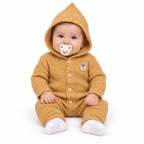 Baby Nellys Pletený overálok s kapucňou a gombíkmi Hand Made, medový žihaný, veľ. 80/86