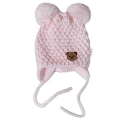 Zimná pletená čiapka Teddy Bear na zaväzovanie, ružová