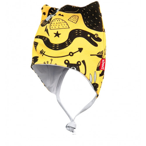 Čiapka dvojvrstvová na zaväzovanie + šatka, Zvieratká, Bexa - horčicová, veľ. 80/86