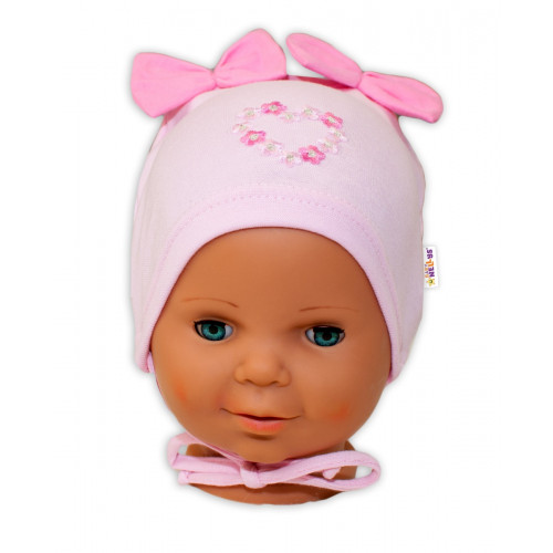 Bavlnená čiapočka na zaväzovanie Baby Nellys s mašličkami - sv. ružová, 80/86