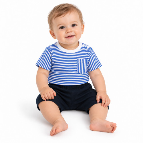 Tričko s vreckom, kr. rukáv + kraťasky, 2D, Baby Nellys, bavlna, prúžok/granát, veľ. 104