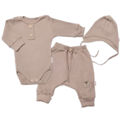 Baby Nellys 3-dielna rebrovaná súpr. Hand Made, body, tepláčiky a čiapočka, béžová, veľ.68
