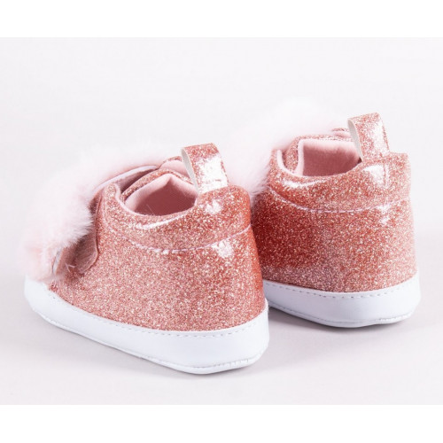 YO! Dojčenské topánky/capáčky lakovky Girl s kožušinou - ružový brokát, 6/12m