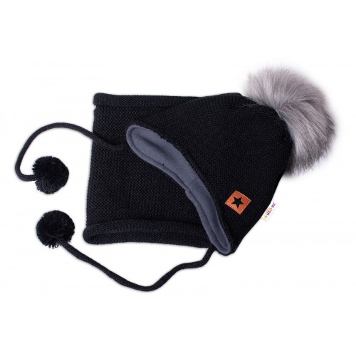 BABY NELLYS Zimná čiapka s fleecom a chlupáčková bambuľka Star + komínok -čierna, 104/116