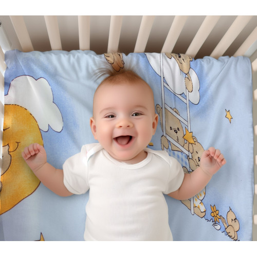 Prestieradlo do postieľky 140x70cm, bavlna, Premium, Medvedík na rebríku, modré