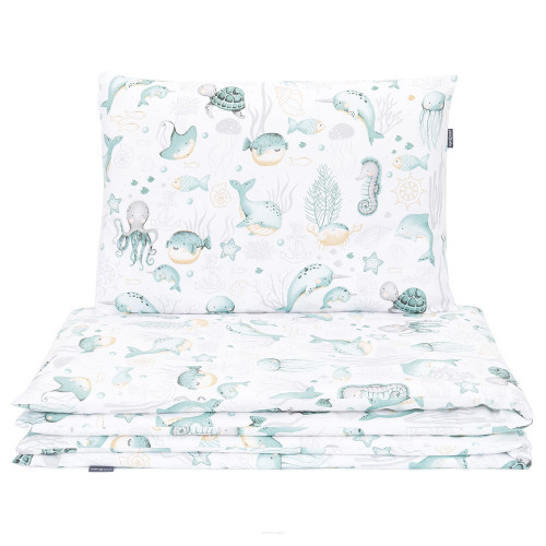 Mantinel s obliečkami do postieľky, 3D sada Minky, Oceán, zelená/sivá/biela, 135x100 cm