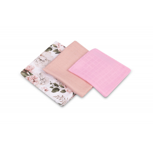 Mušelínové plienky 3 ks - sada rôznych veľkostí - Kvety ružové