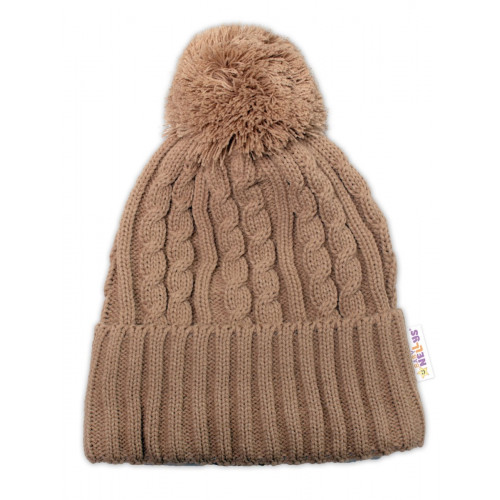 Pletená zimná čiapka s brmbolcom + komínček BABY NELLYS - bežová,veľ. 48-52cm