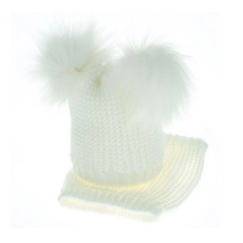 BABY NELLYS Zimná čiapočka s komínom - chlupáčkové bambuľky - biela
