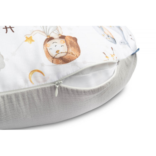 Dojčiaci vankúš, podkova, mušelín, bavlna - Hviezdne zvieratká, šedý, biela