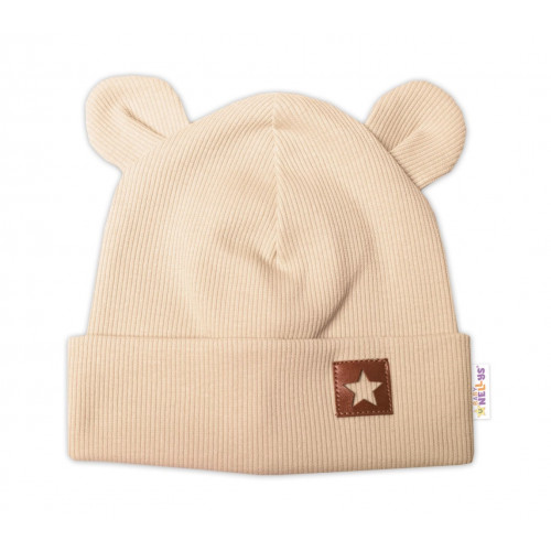 Baby Nellys Rebrovaná dvojvrstvová čiapka s uškami TEDDY - béžová
