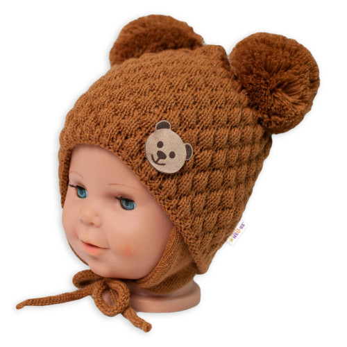 Zimná pletená čiapka Teddy na zaväzovanie, hnedá, 68/80, (6-12m)