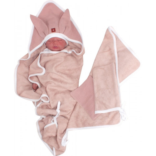 Detská luxusná 4D bambusová sada - osuška s kapucňou a uterákom + 2 žinky, pudrovo ružová