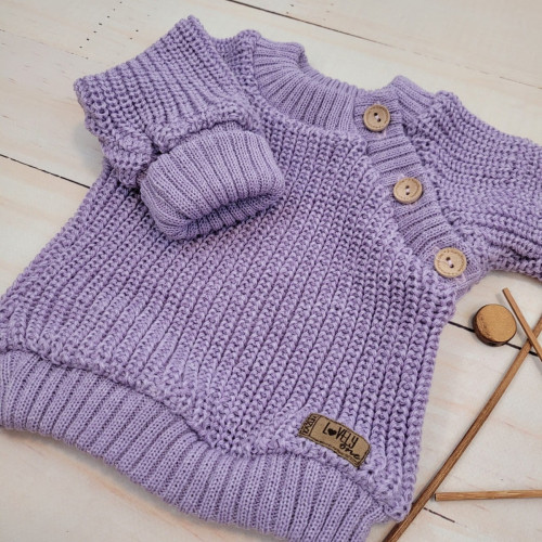 Pletený svetrík s gombíkmi Lovely, predĺžené náplety, lila, 56/62