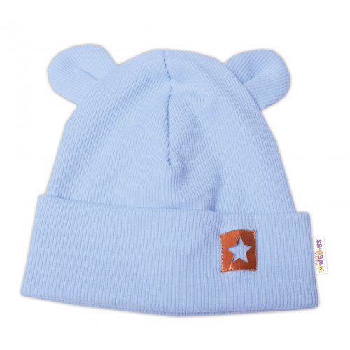 Baby Nellys Rebrovaná dvojvrstvová čiapka s uškami TEDDY - sv. modrá, veľ. 80/86