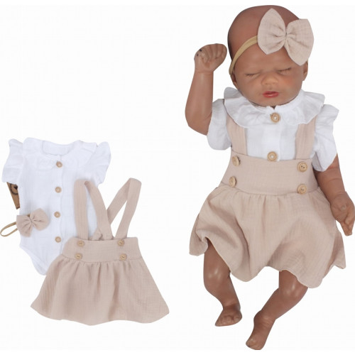 Mušelínová suknička s lacnom, bodýčko a čelenka, 3D sada, biela/béžová, veľ. 68